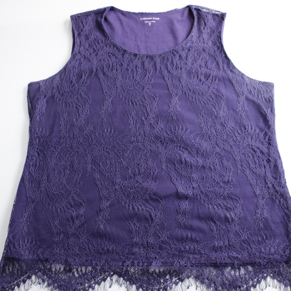 Coldwater Creek Purple Lace Sleeveless Top Eyelash Trim w/ Lining XL 18